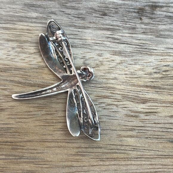 Vintage Dragonfly Sterling Silver 925 Marcasite & Crystal Pin - Picture 3 of 5